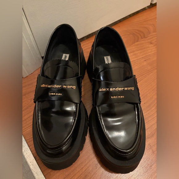 Alexander Wang Shoes - Alexander Wang Black Patent Leather Chunky Loafers with Gold Logo